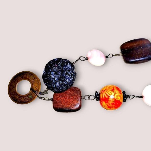 Hand Crafted Necklace Wood Shell Metal Wired Necklace Sterling Silver Clasp Long - Picture 6 of 7